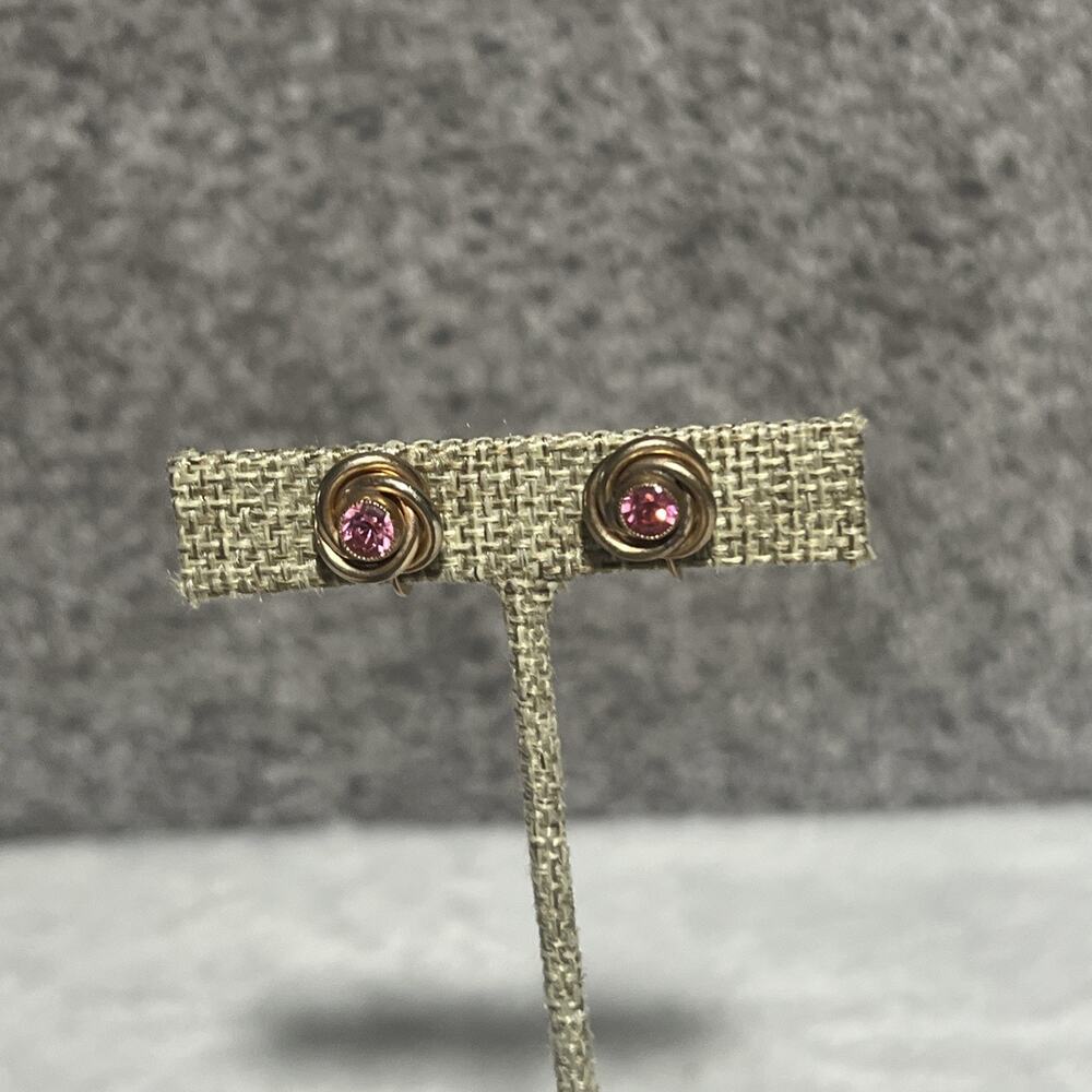 Vintage Coro Pink Rhinestone Love Knot Earrings Gold Tone Screw Back